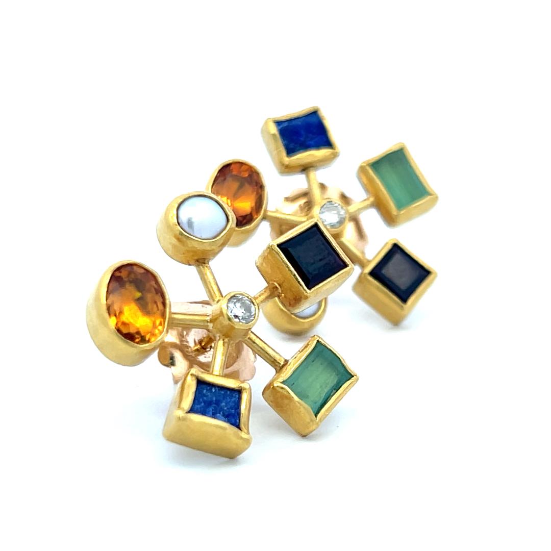 Vintage 18K YG Earrings with 0.14 Carat Diamonds, Pearls & 1 Carat Citrine