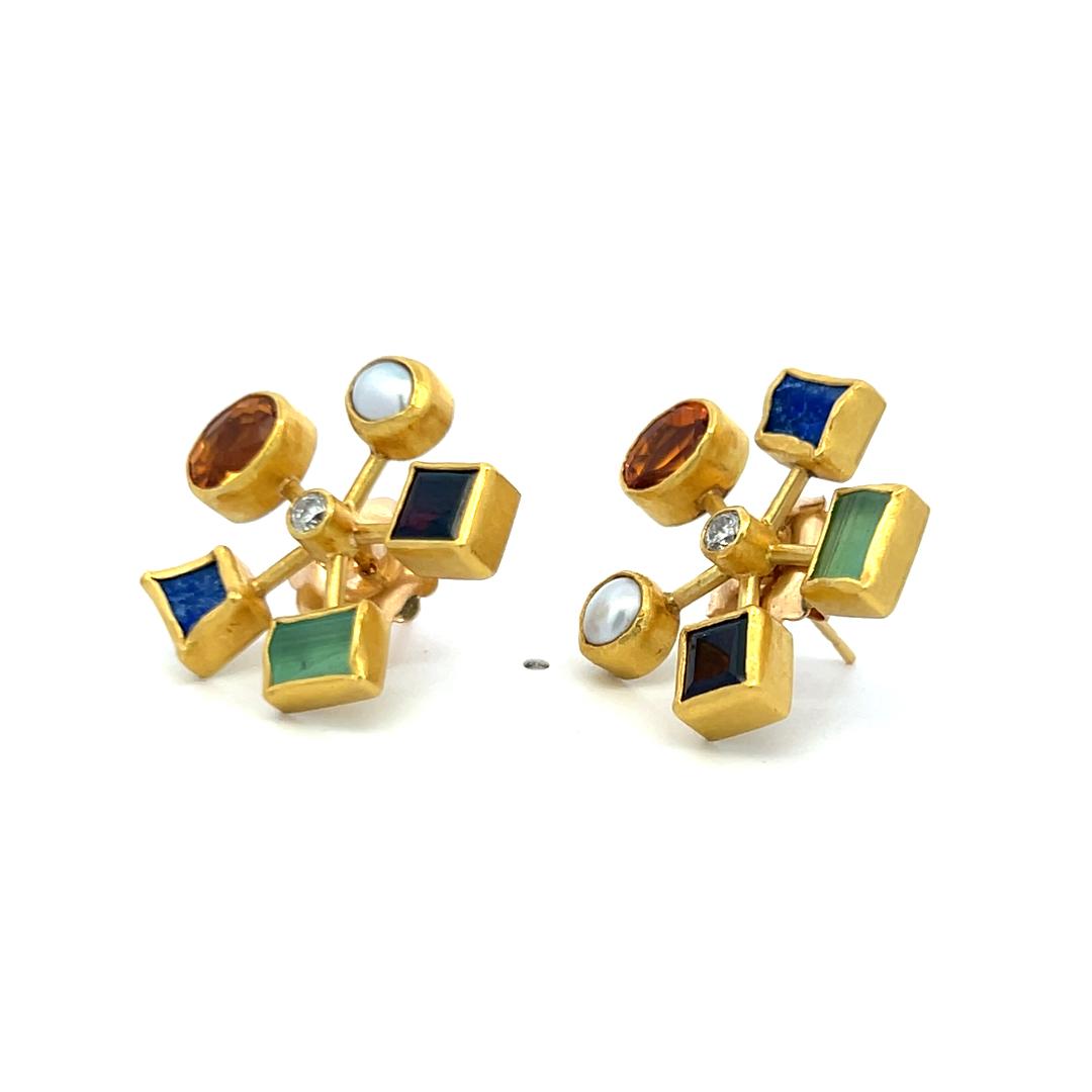 Vintage 18K YG Earrings with 0.14 Carat Diamonds, Pearls & 1 Carat Citrine