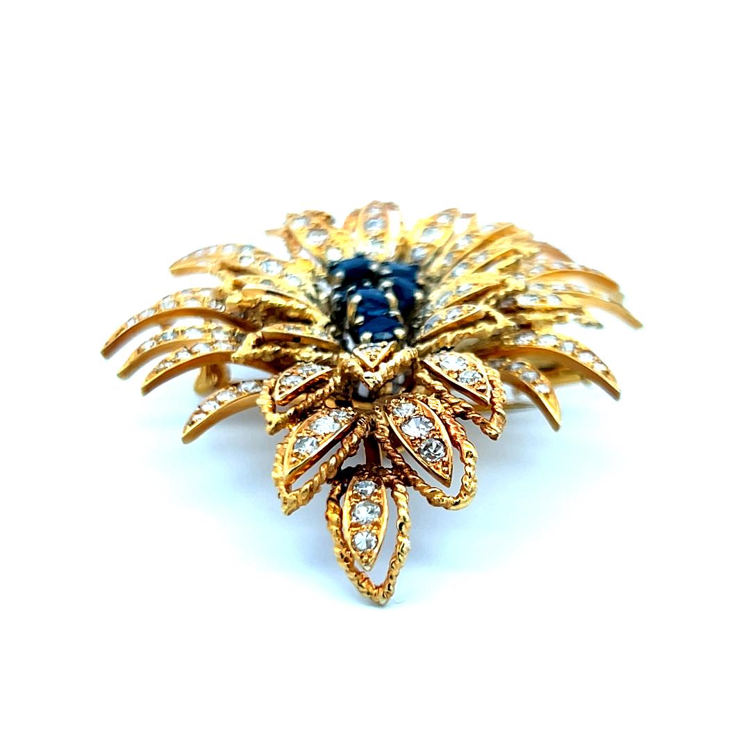 Vintage 18K YG Pin Brooch with 3 Carat Round H SI Diamonds & 0.8 Carat Sapphire