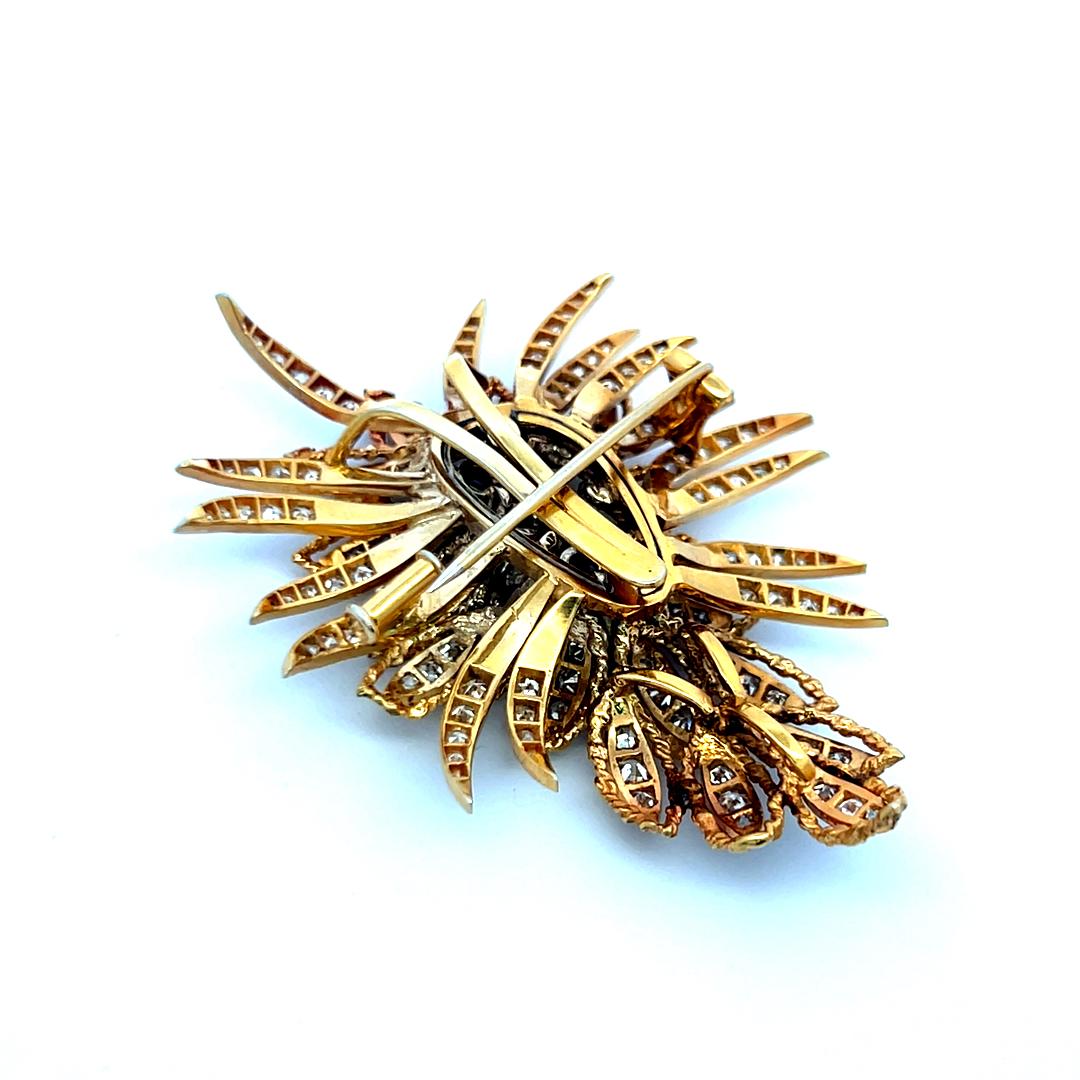 Vintage 18K YG Pin Brooch with 3 Carat Round H SI Diamonds & 0.8 Carat Sapphire