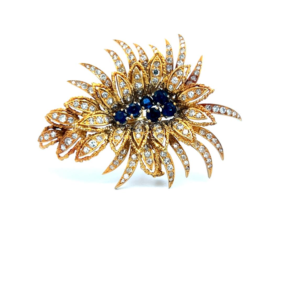 Vintage 18K YG Pin Brooch with 3 Carat Round H SI Diamonds & 0.8 Carat Sapphire