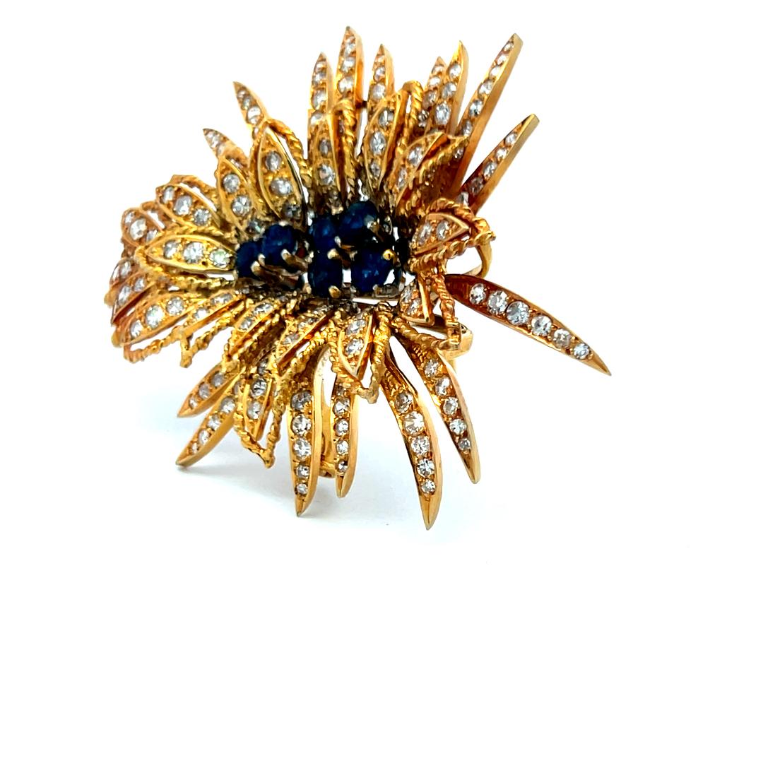 Vintage 18K YG Pin Brooch with 3 Carat Round H SI Diamonds & 0.8 Carat Sapphire