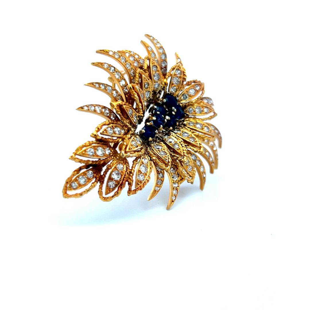 Vintage 18K YG Pin Brooch with 3 Carat Round H SI Diamonds & 0.8 Carat Sapphire