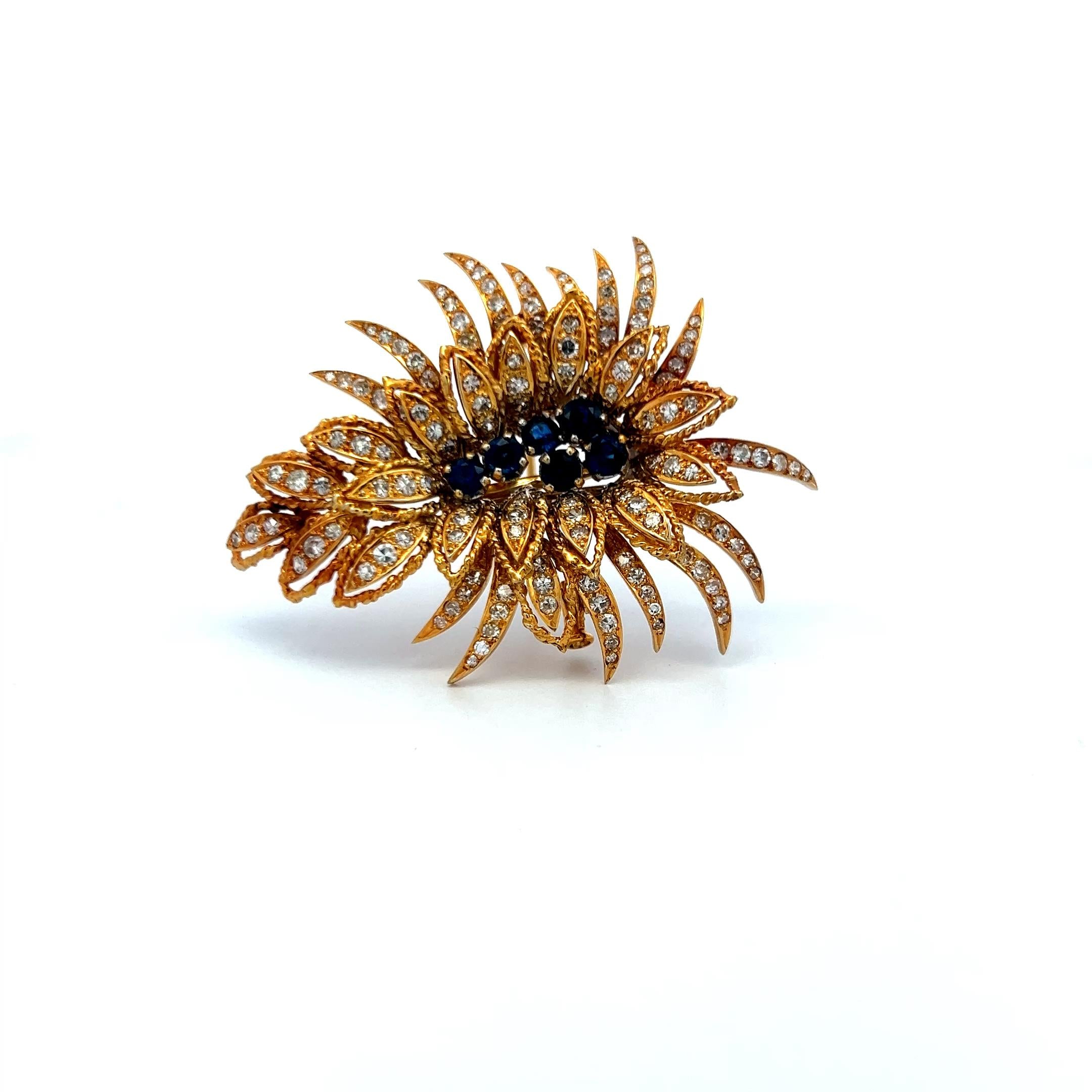 Vintage 18K YG Pin Brooch with 3 Carat Round H SI Diamonds & 0.8 Carat Sapphire