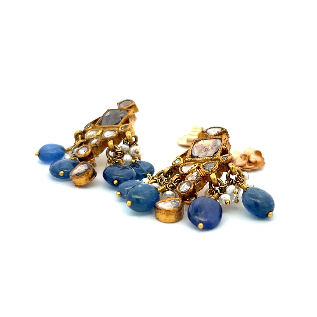 Vintage 22K Yellow Gold Dangling Earrings with Pears and Sapphires