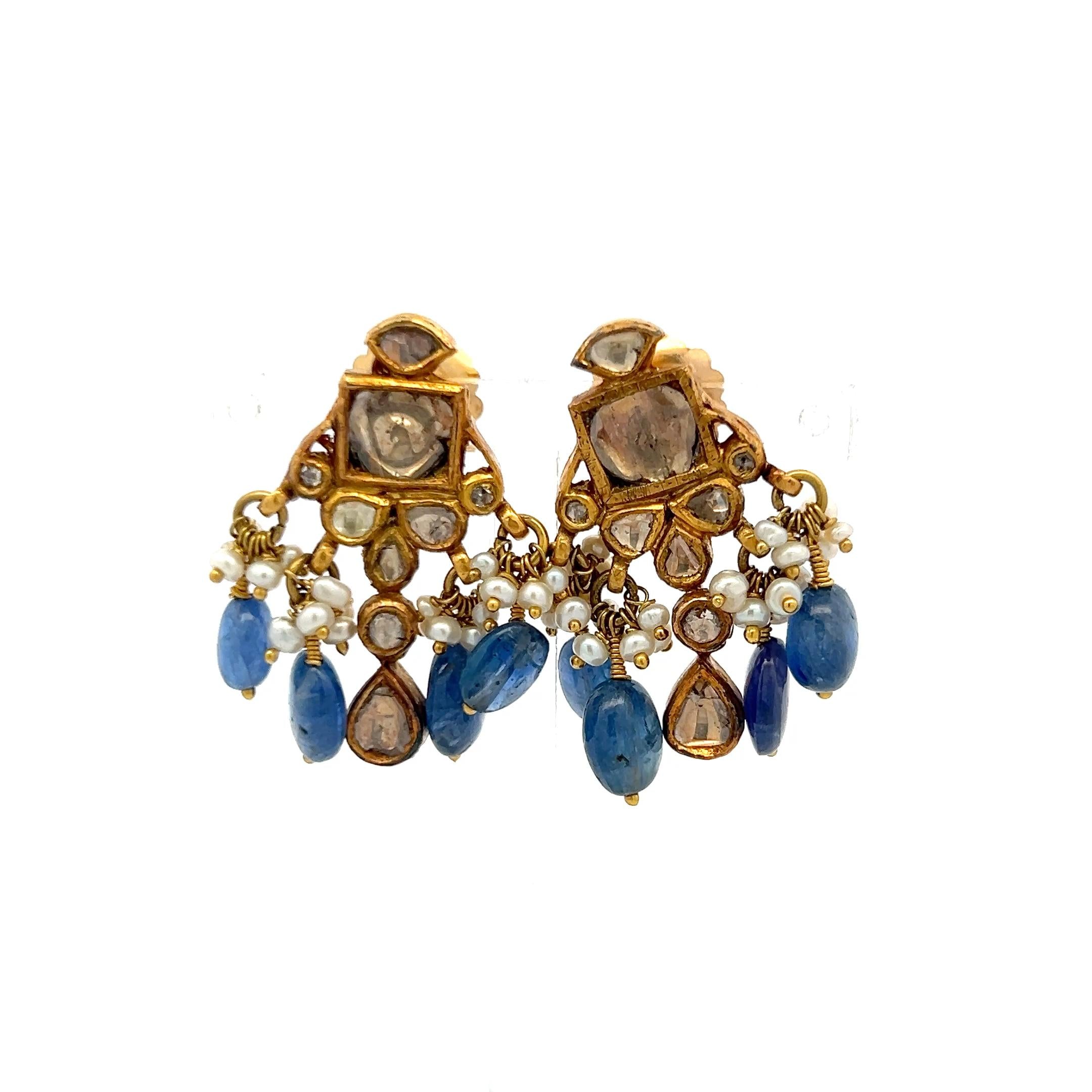 Vintage 22K Yellow Gold Dangling Earrings with Pears and Sapphires