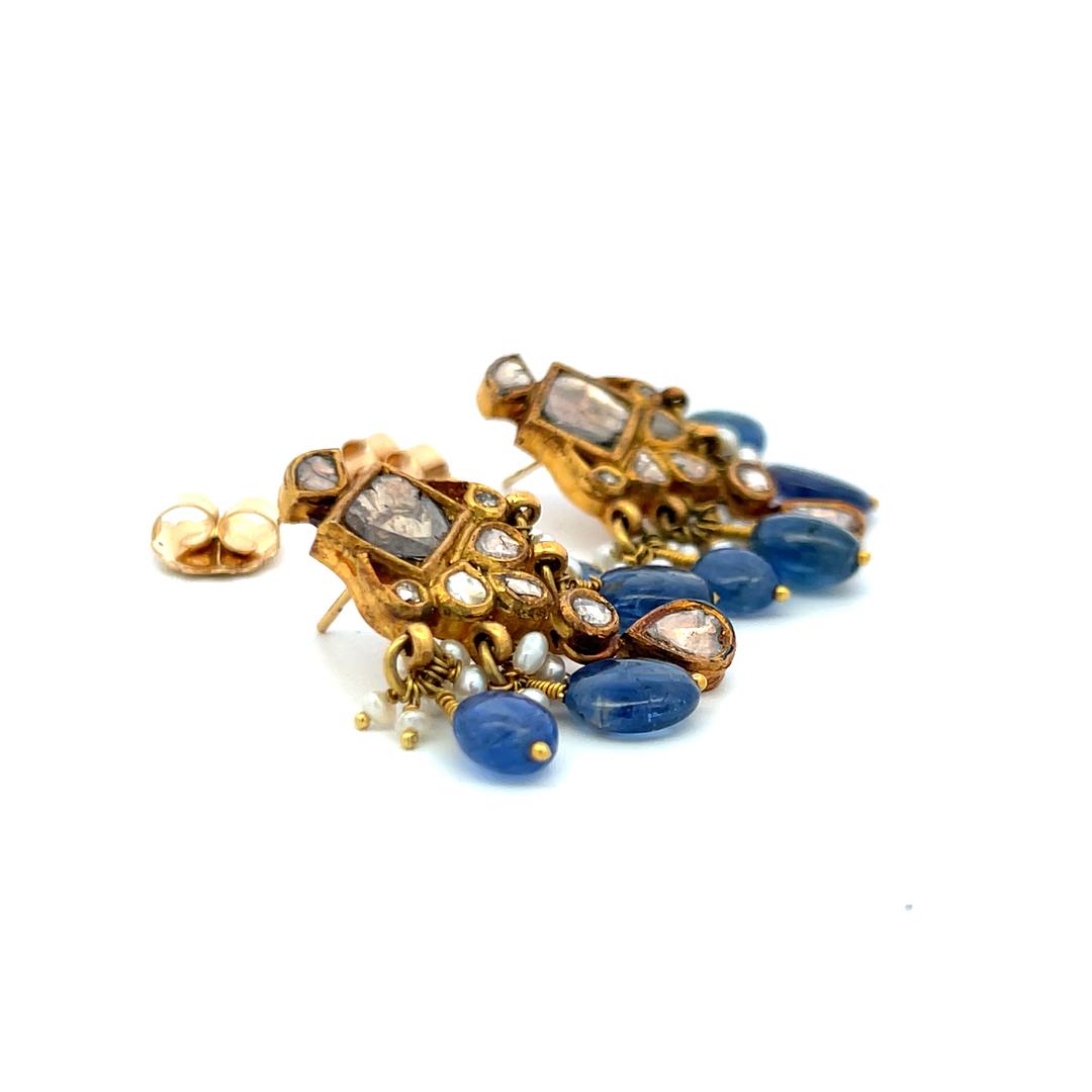 Vintage 22K Yellow Gold Dangling Earrings with Pears and Sapphires