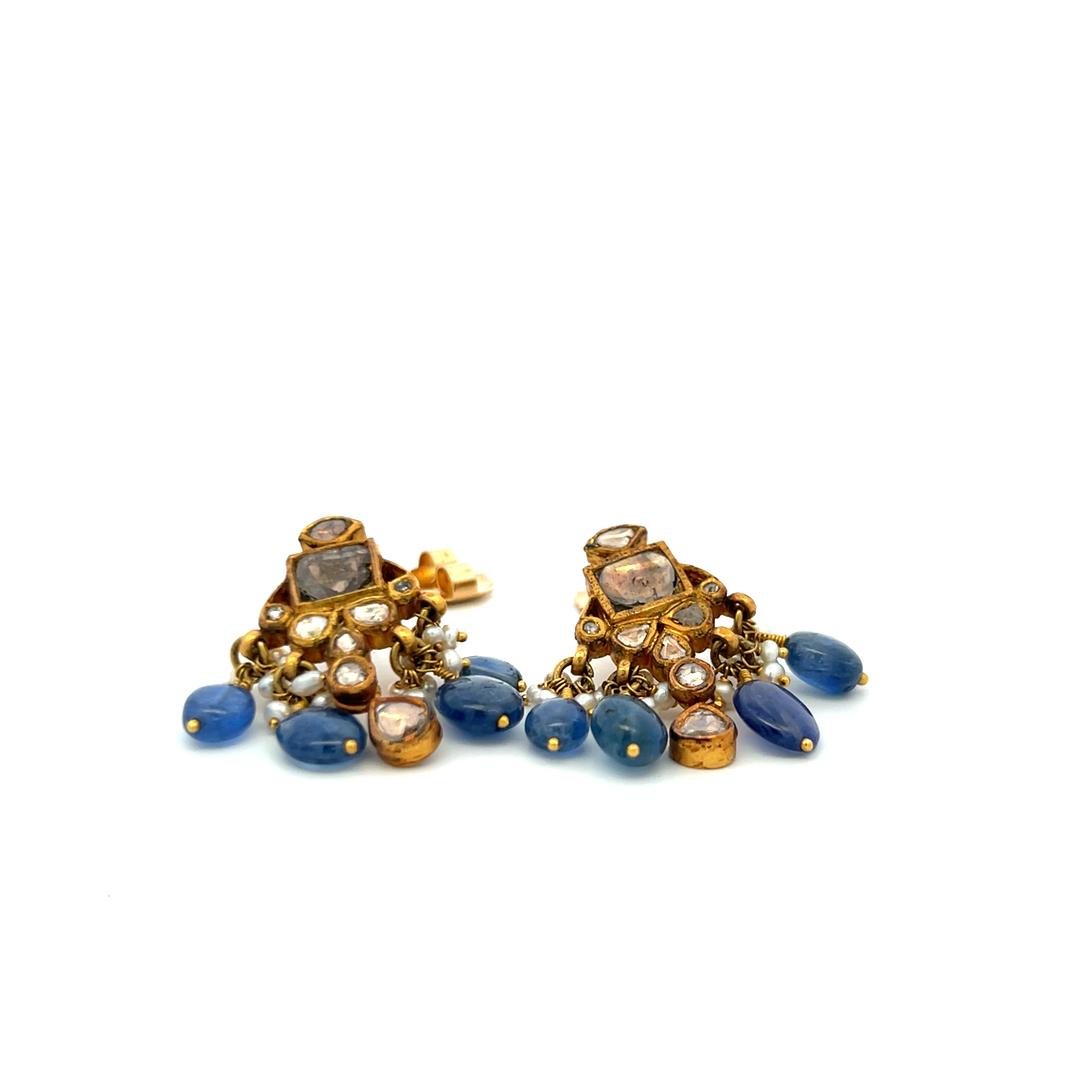 Vintage 22K Yellow Gold Dangling Earrings with Pears and Sapphires
