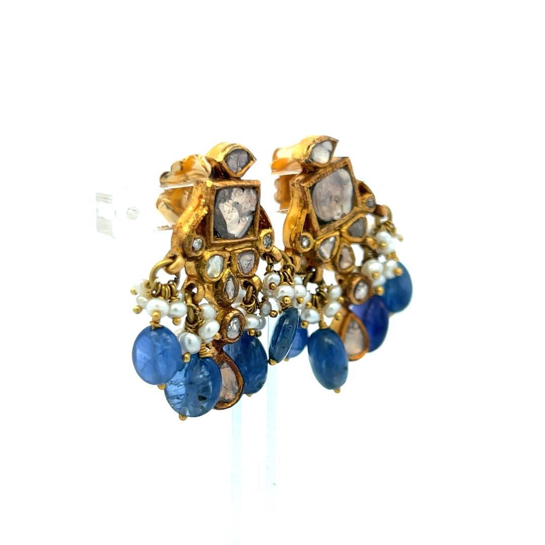 Vintage 22K Yellow Gold Dangling Earrings with Pears and Sapphires