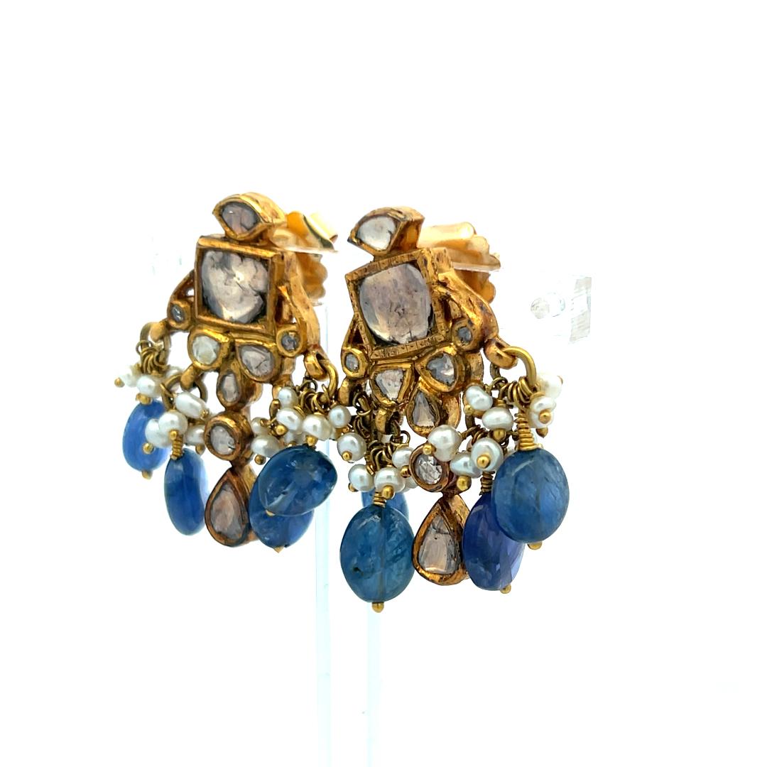 Vintage 22K Yellow Gold Dangling Earrings with Pears and Sapphires