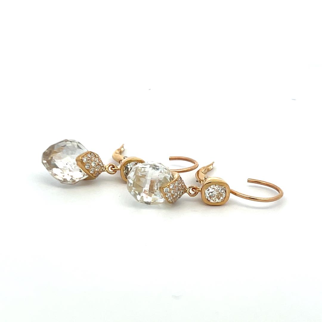 14.43 Carat Briolette and Round Diamond 18 Karat Yellow Gold Drop Earrings