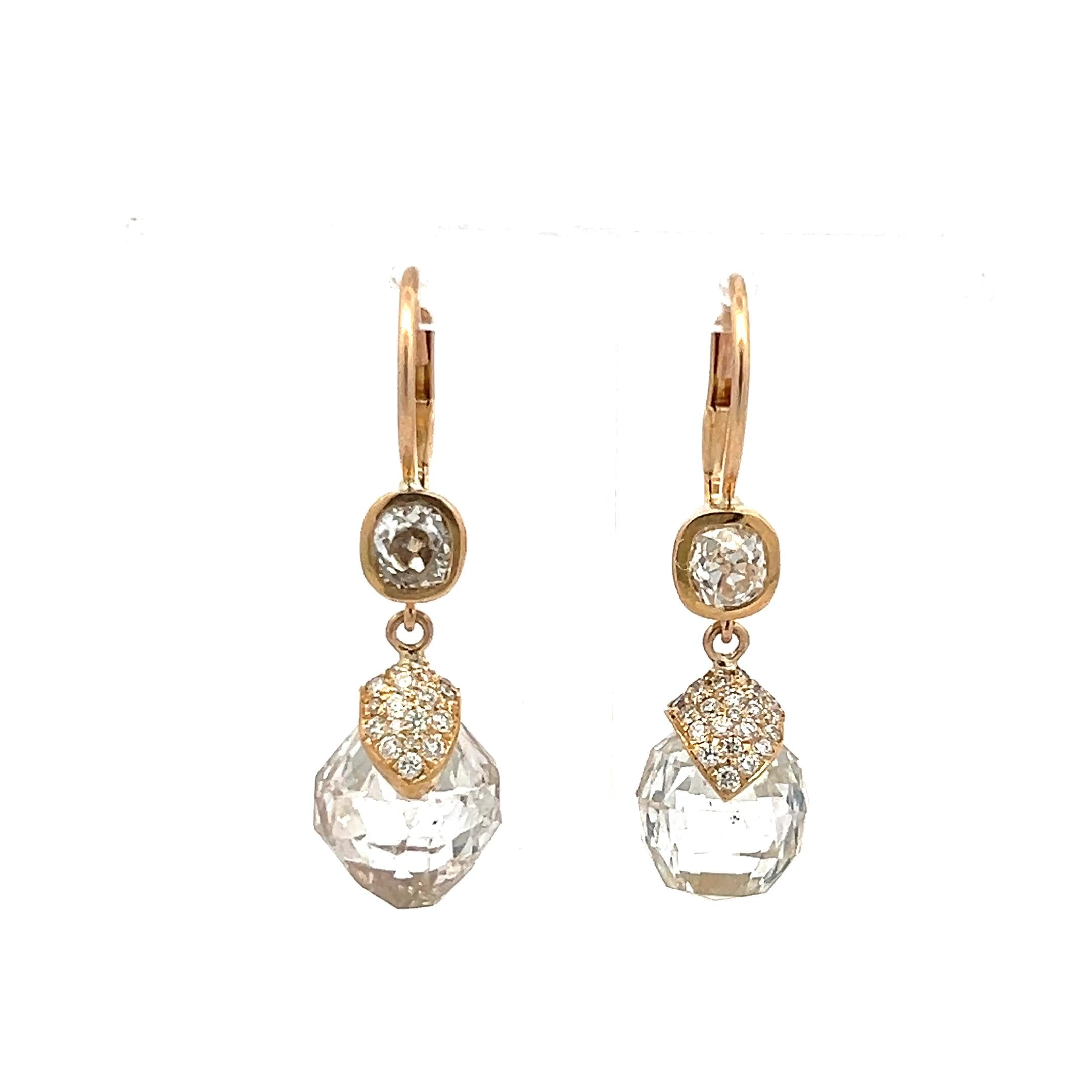 14.43 Carat Briolette and Round Diamond 18 Karat Yellow Gold Drop Earrings
