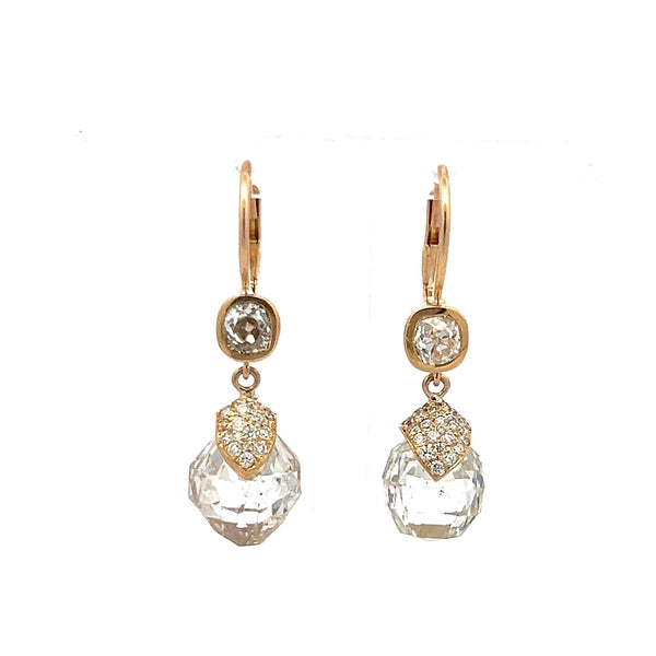 14.43 Carat Briolette and Round Diamond 18 Karat Yellow Gold Drop Earrings