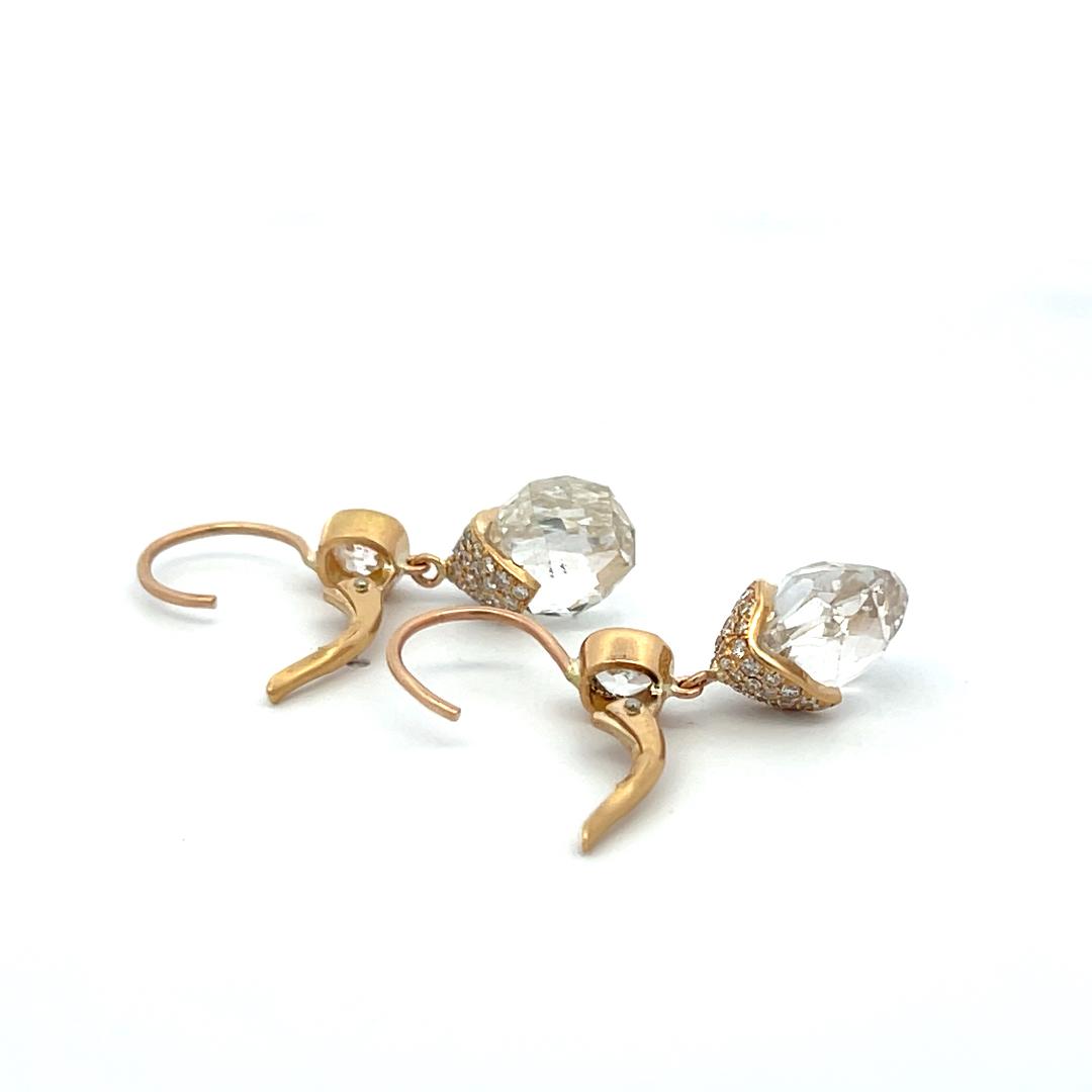 14.43 Carat Briolette and Round Diamond 18 Karat Yellow Gold Drop Earrings