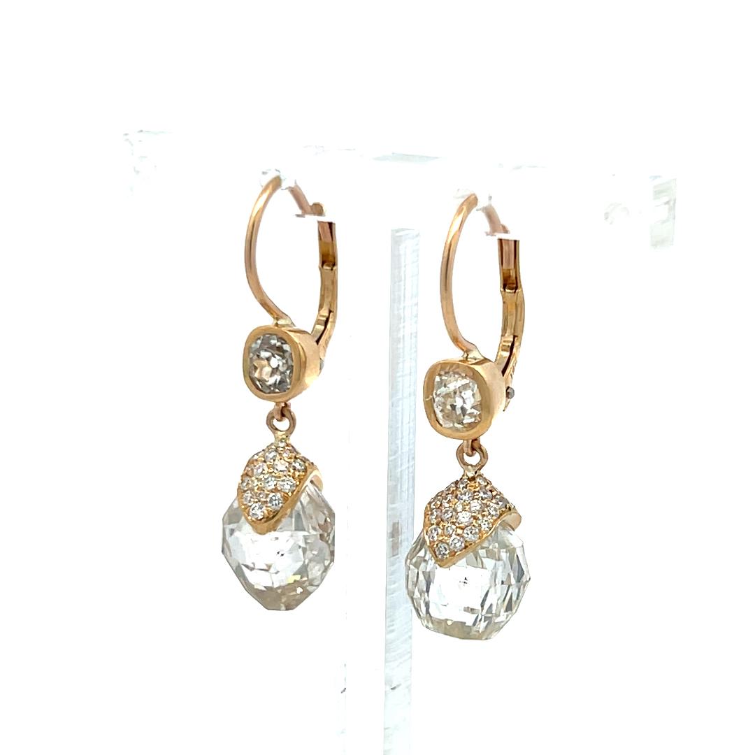 14.43 Carat Briolette and Round Diamond 18 Karat Yellow Gold Drop Earrings