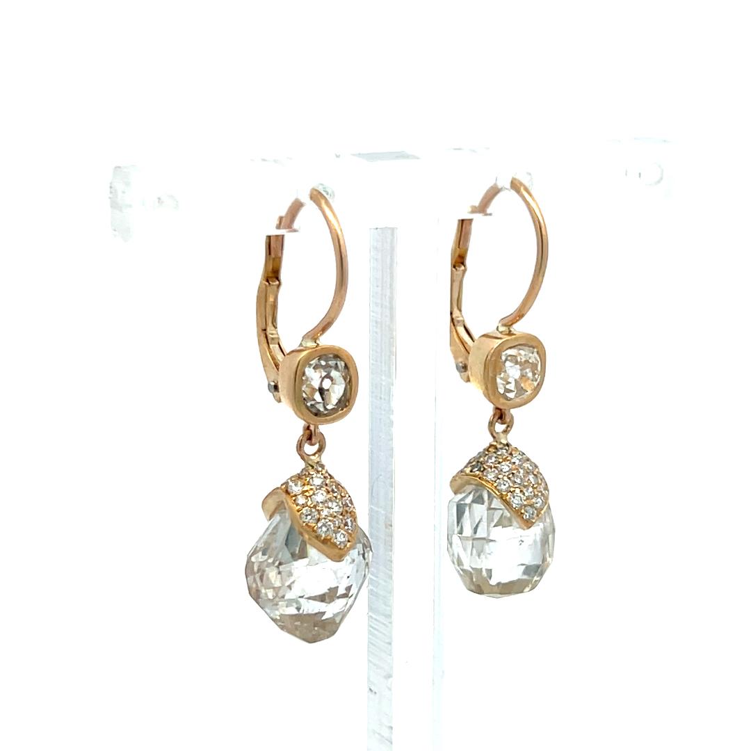 14.43 Carat Briolette and Round Diamond 18 Karat Yellow Gold Drop Earrings