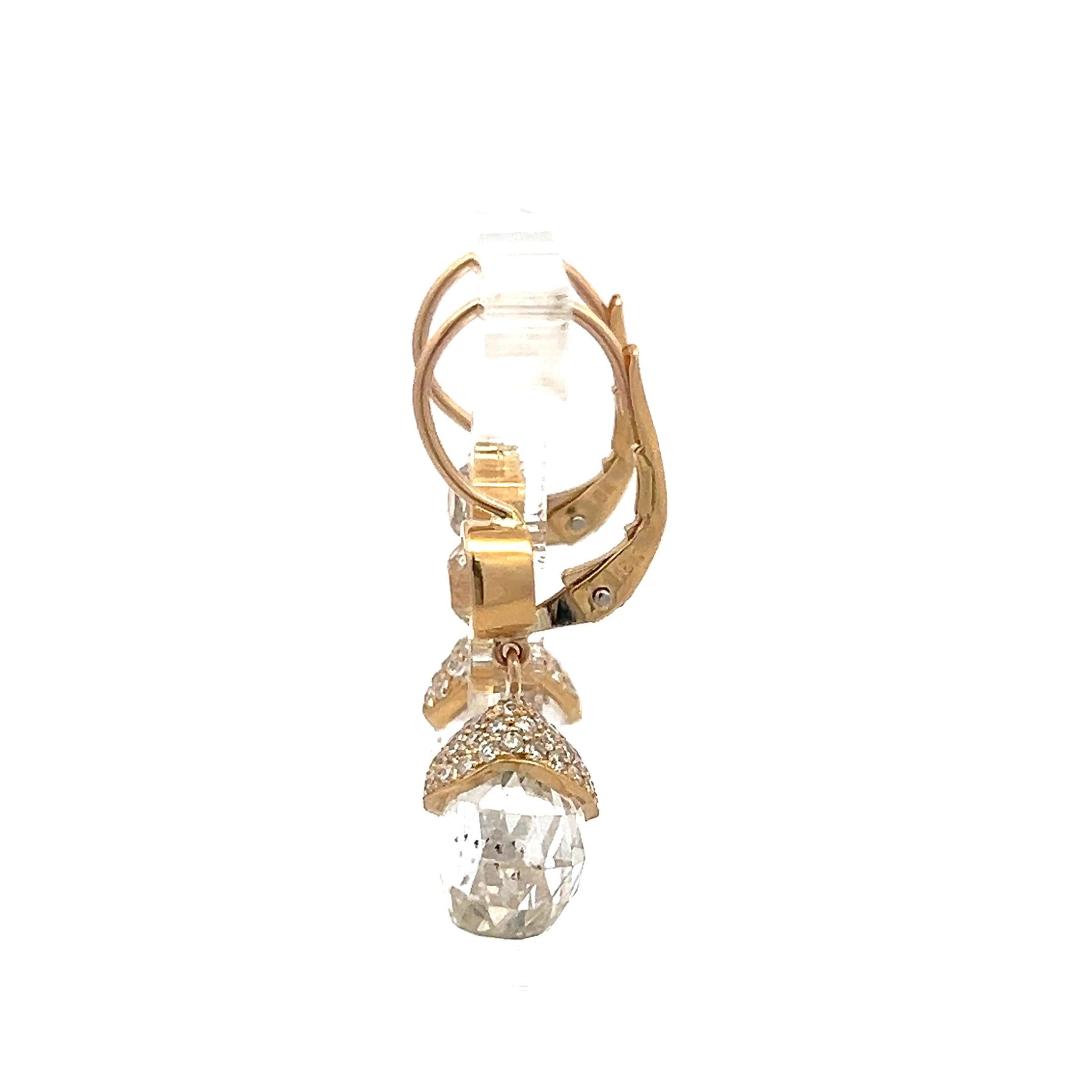 14.43 Carat Briolette and Round Diamond 18 Karat Yellow Gold Drop Earrings