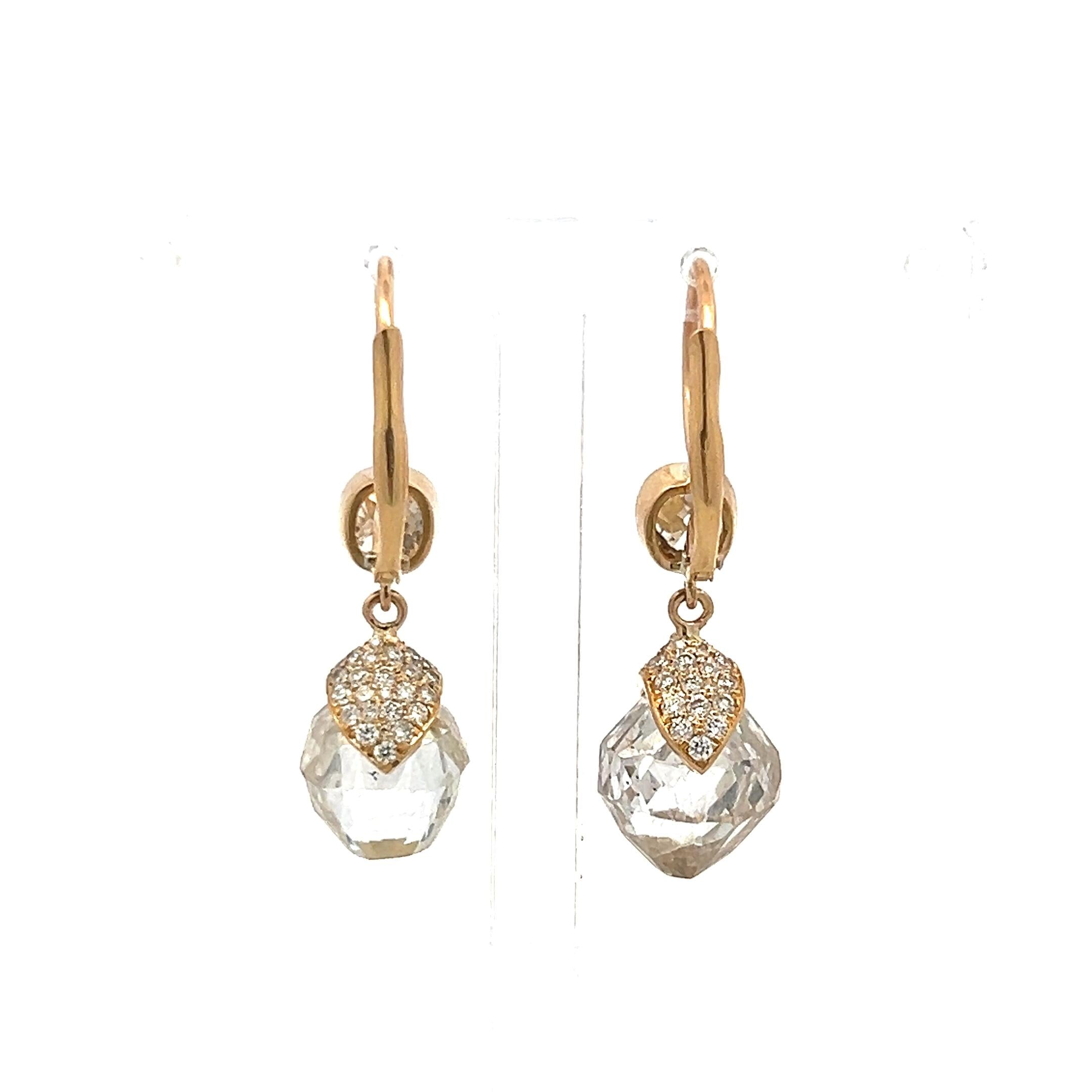 14.43 Carat Briolette and Round Diamond 18 Karat Yellow Gold Drop Earrings