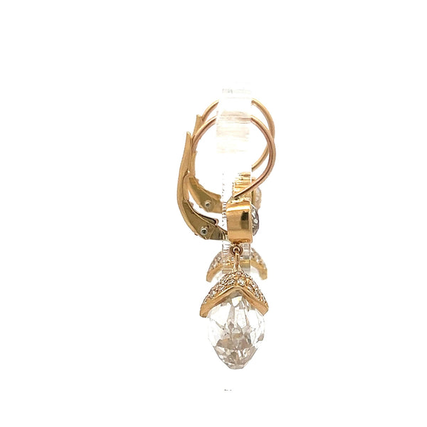 14.43 Carat Briolette and Round Diamond 18 Karat Yellow Gold Drop Earrings