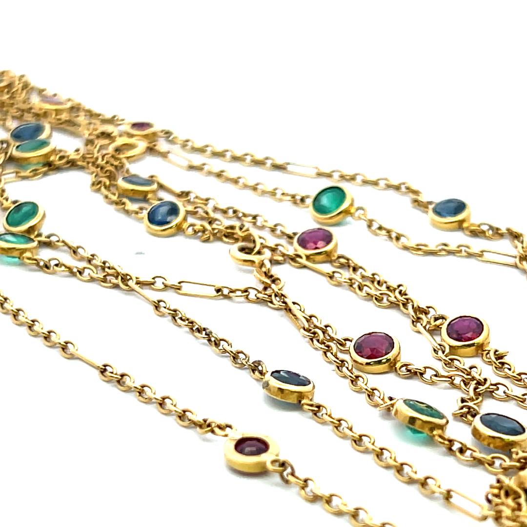 Estate 18K YG Link Necklace with 3.5ct Ruby 3.5ct Sapphire and 3.5ct Emerald