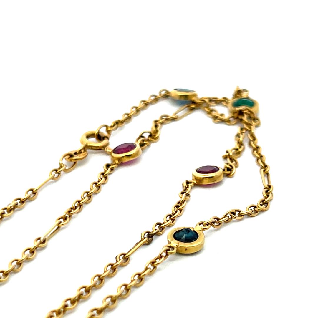 Estate 18K YG Link Necklace with 3.5ct Ruby 3.5ct Sapphire and 3.5ct Emerald