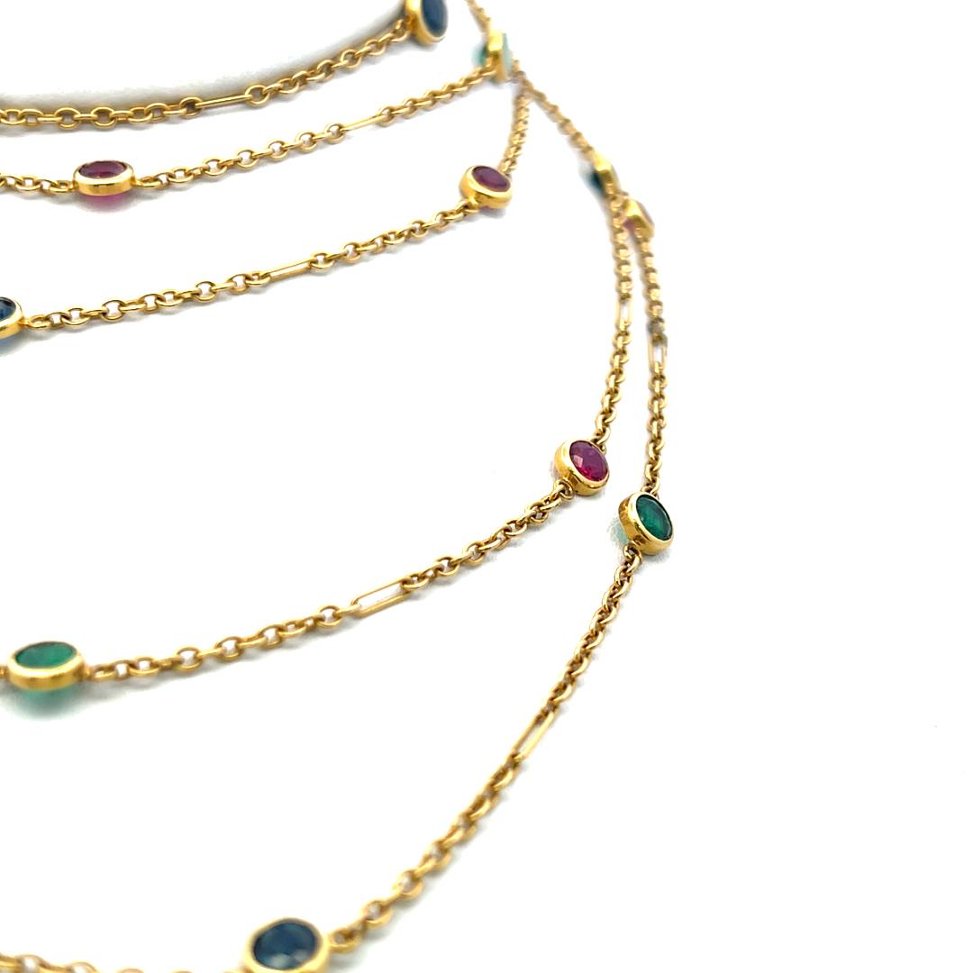 Estate 18K YG Link Necklace with 3.5ct Ruby 3.5ct Sapphire and 3.5ct Emerald