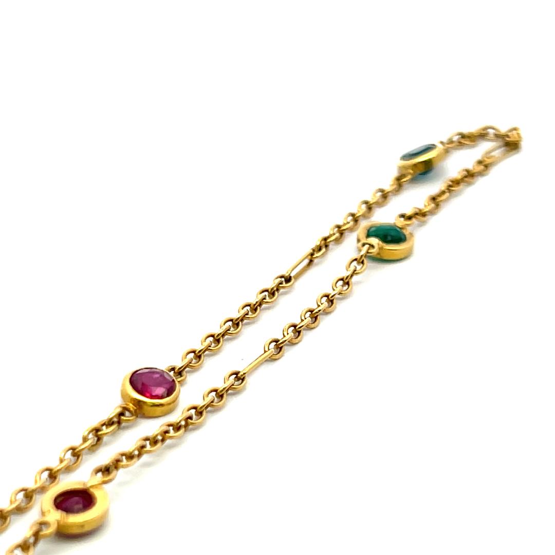Estate 18K YG Link Necklace with 3.5ct Ruby 3.5ct Sapphire and 3.5ct Emerald