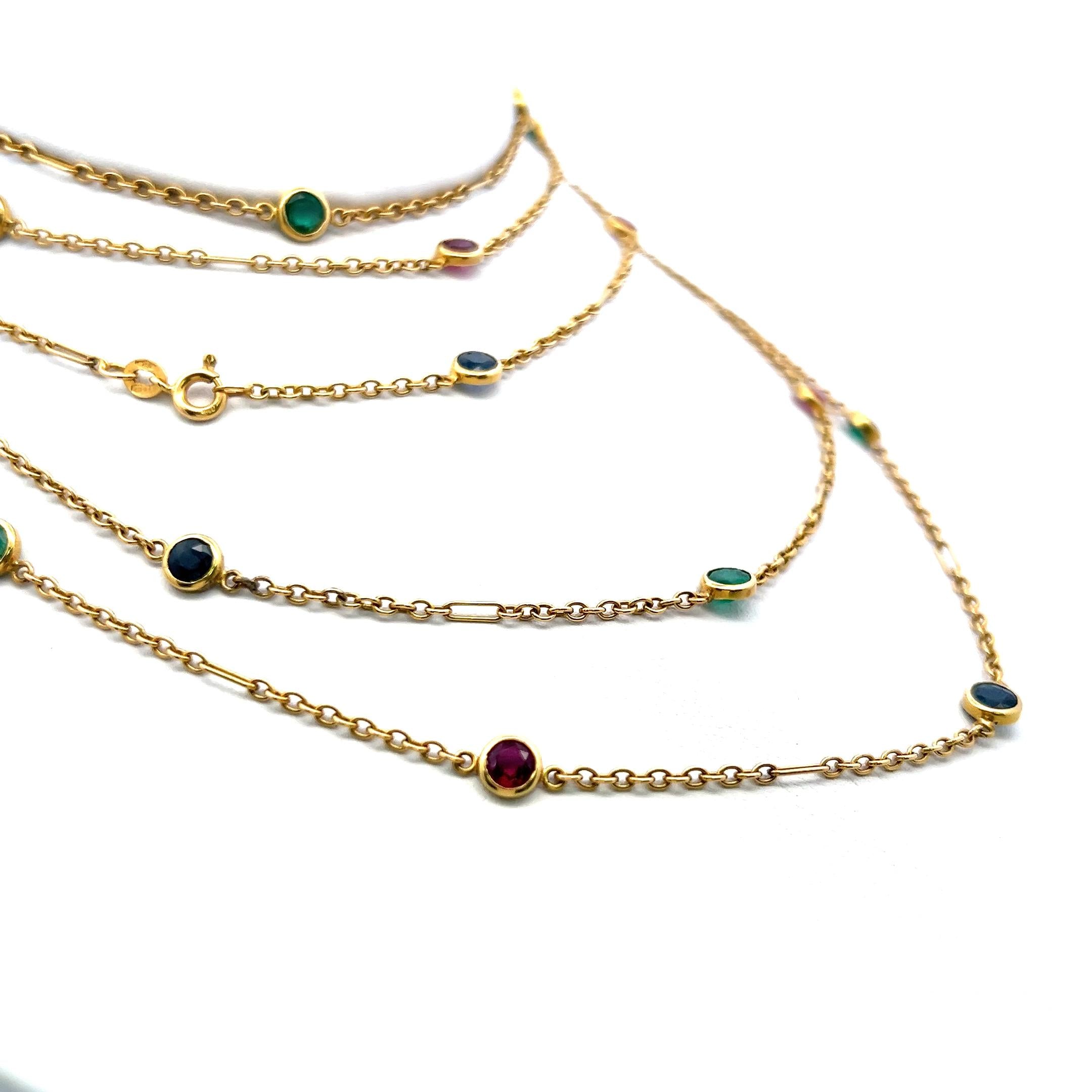 Estate 18K YG Link Necklace with 3.5ct Ruby 3.5ct Sapphire and 3.5ct Emerald