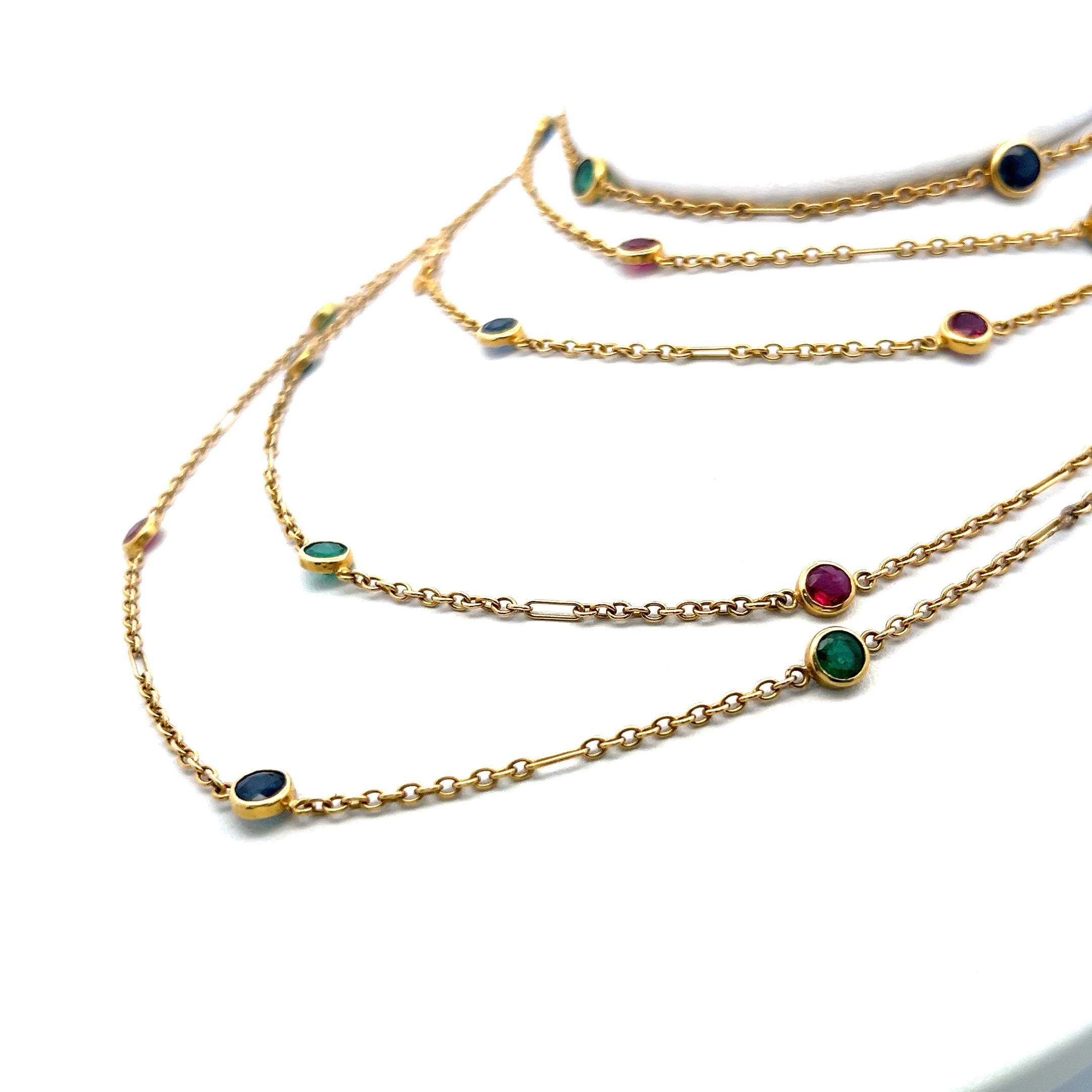 Estate 18K YG Link Necklace with 3.5ct Ruby 3.5ct Sapphire and 3.5ct Emerald