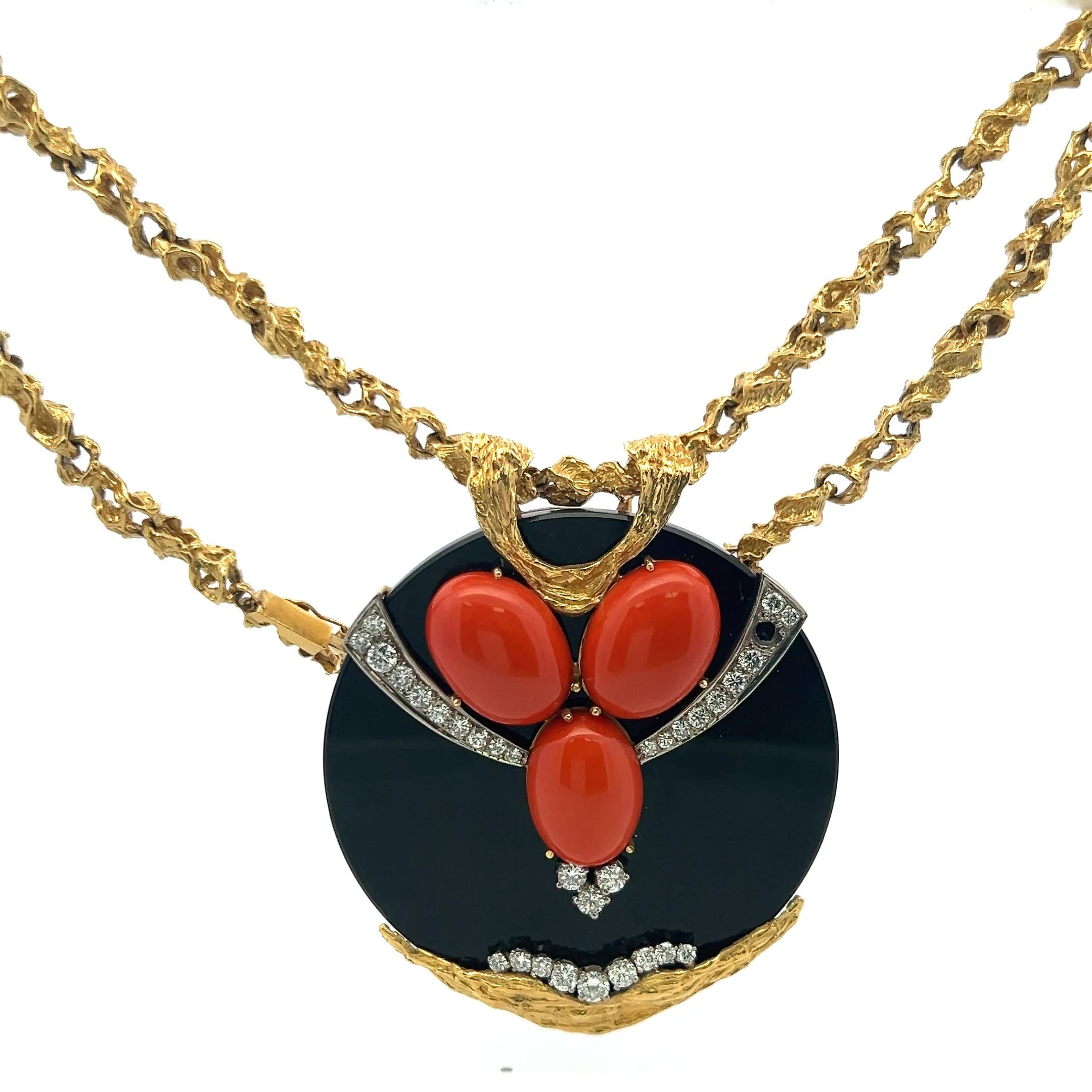 2.00 Carat Round Brilliant Diamond 18.4MM Coral and Onyx 18K YG Pendant Necklace