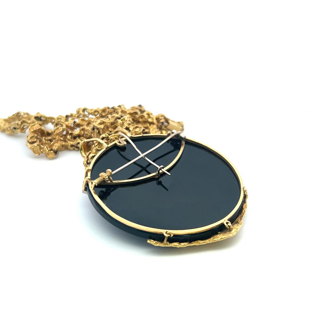 2.00 Carat Round Brilliant Diamond 18.4MM Coral and Onyx 18K YG Pendant Necklace