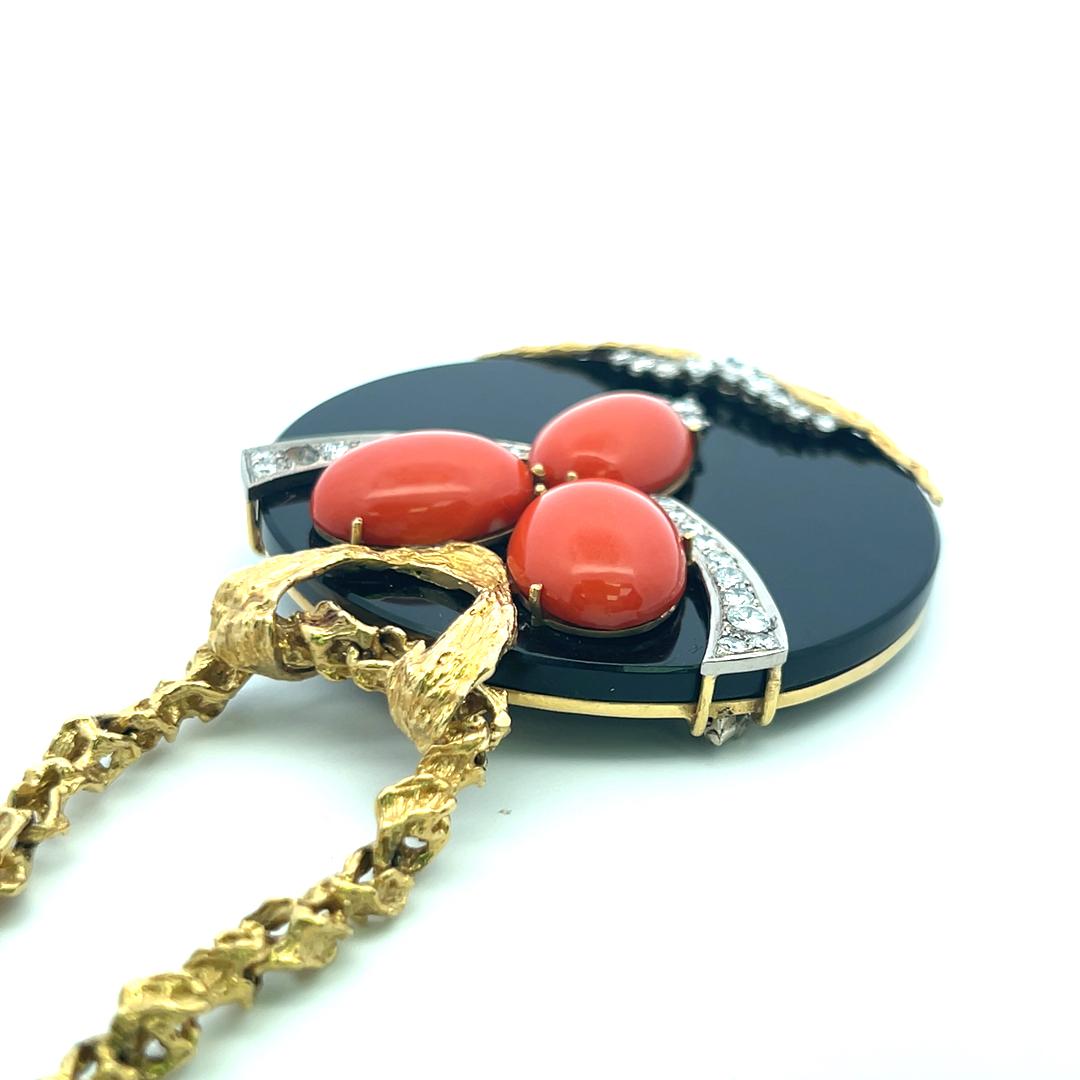 2.00 Carat Round Brilliant Diamond 18.4MM Coral and Onyx 18K YG Pendant Necklace