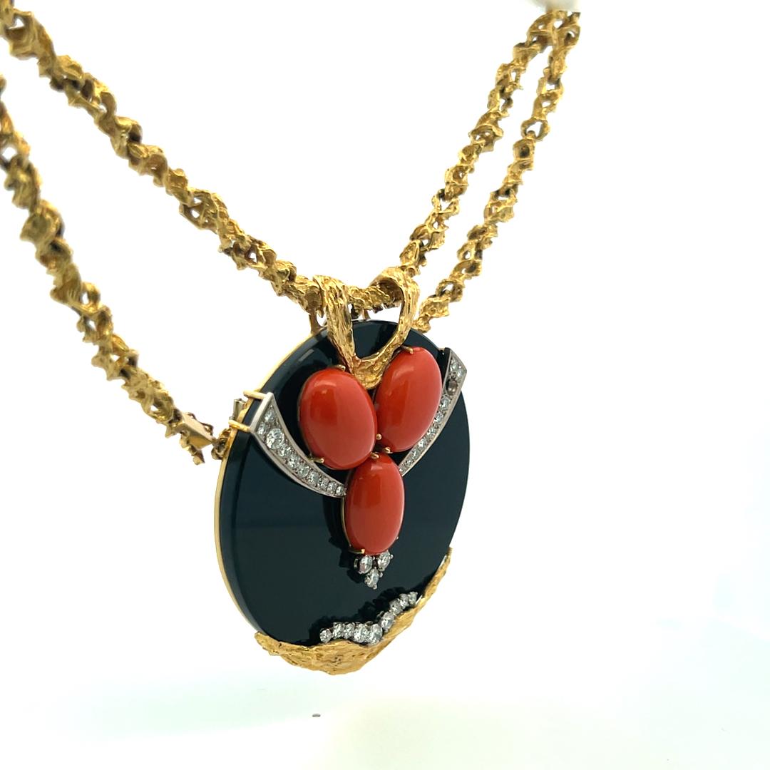 2.00 Carat Round Brilliant Diamond 18.4MM Coral and Onyx 18K YG Pendant Necklace