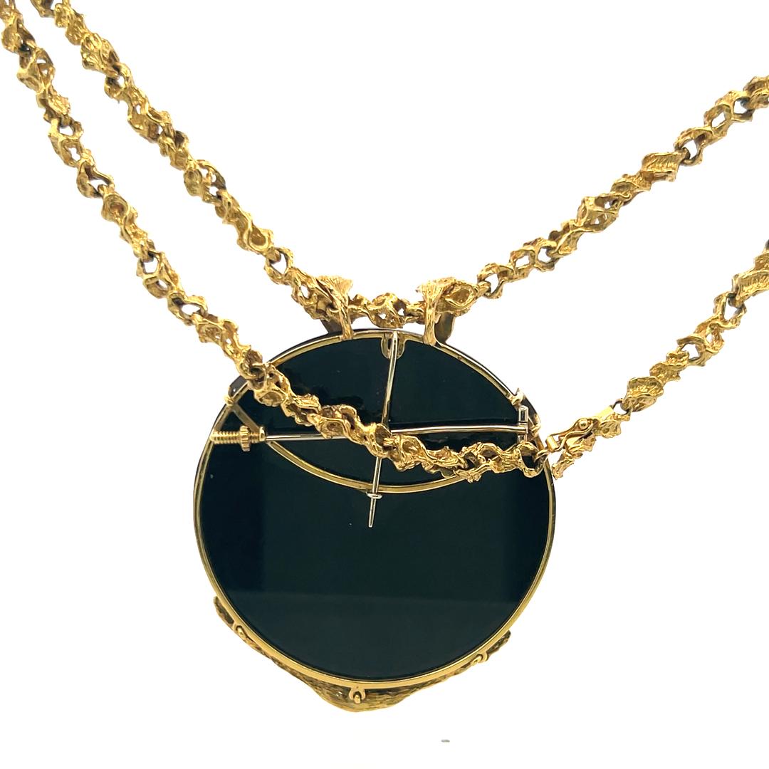 2.00 Carat Round Brilliant Diamond 18.4MM Coral and Onyx 18K YG Pendant Necklace