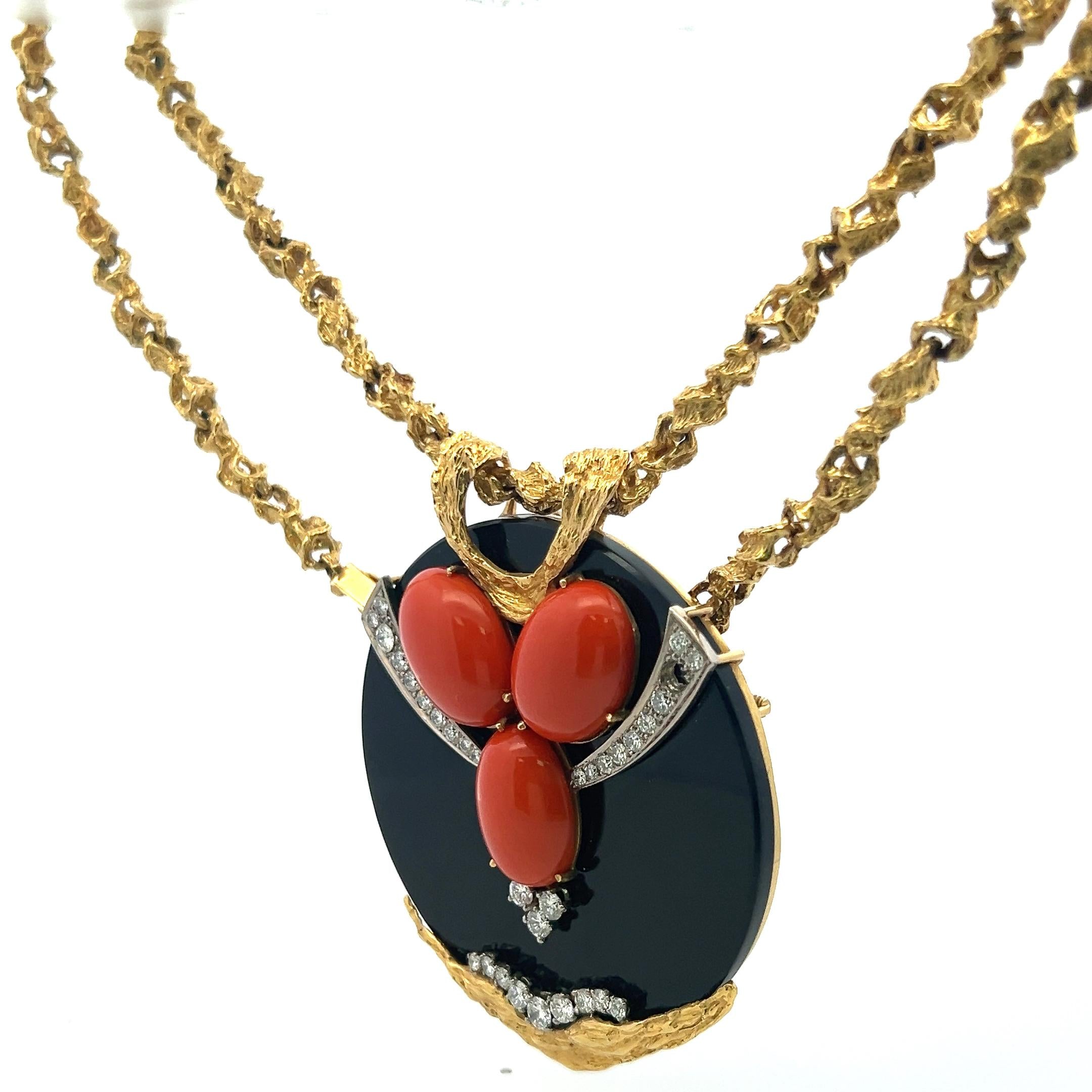 2.00 Carat Round Brilliant Diamond 18.4MM Coral and Onyx 18K YG Pendant Necklace