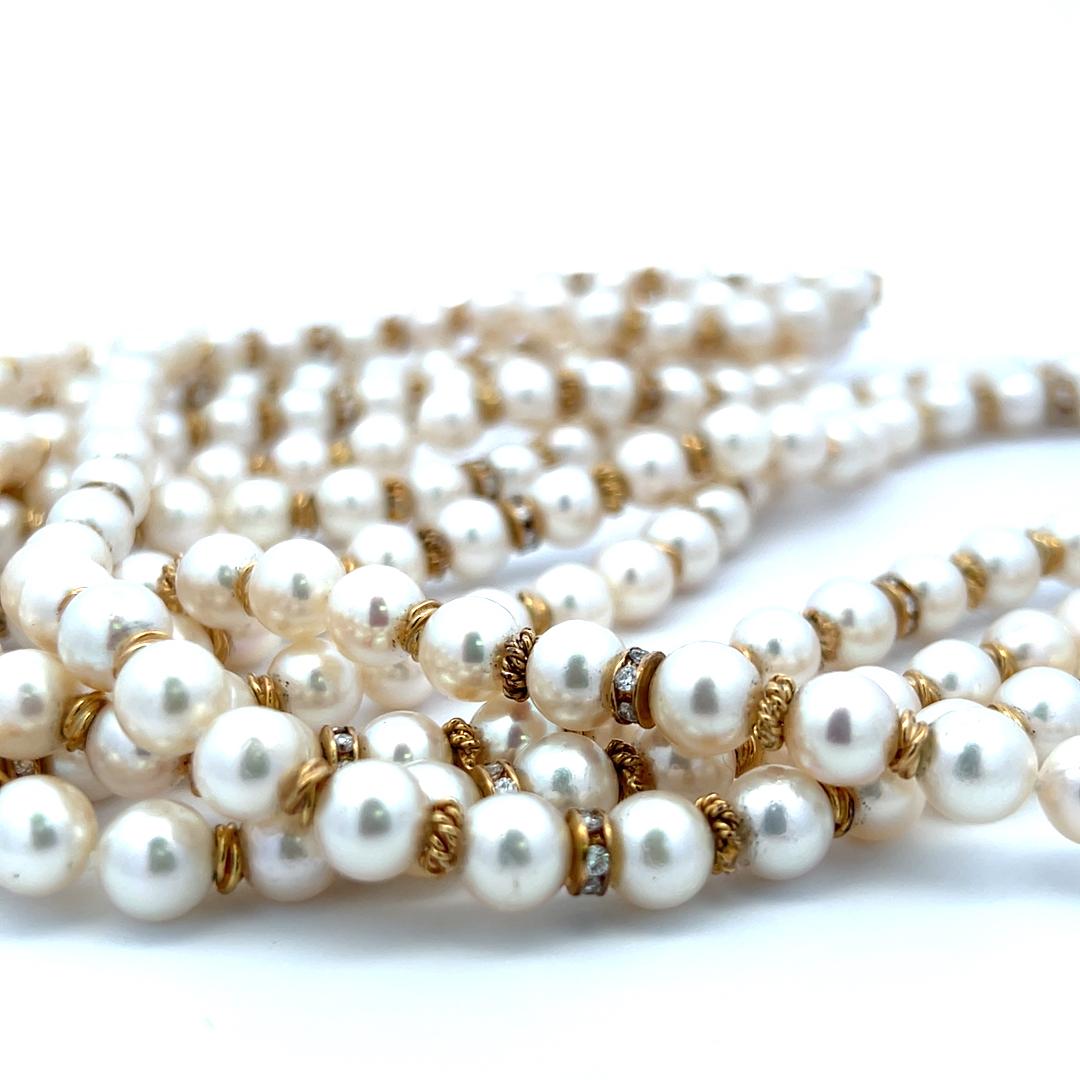 2.50 Carat Diamond & Pearl Bead Necklace in 18K Yellow Gold Vintage Estate