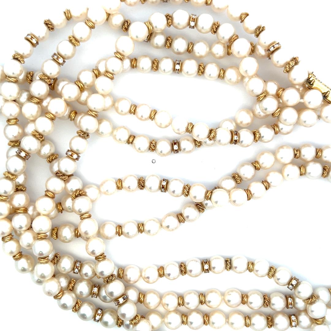 2.50 Carat Diamond & Pearl Bead Necklace in 18K Yellow Gold Vintage Estate