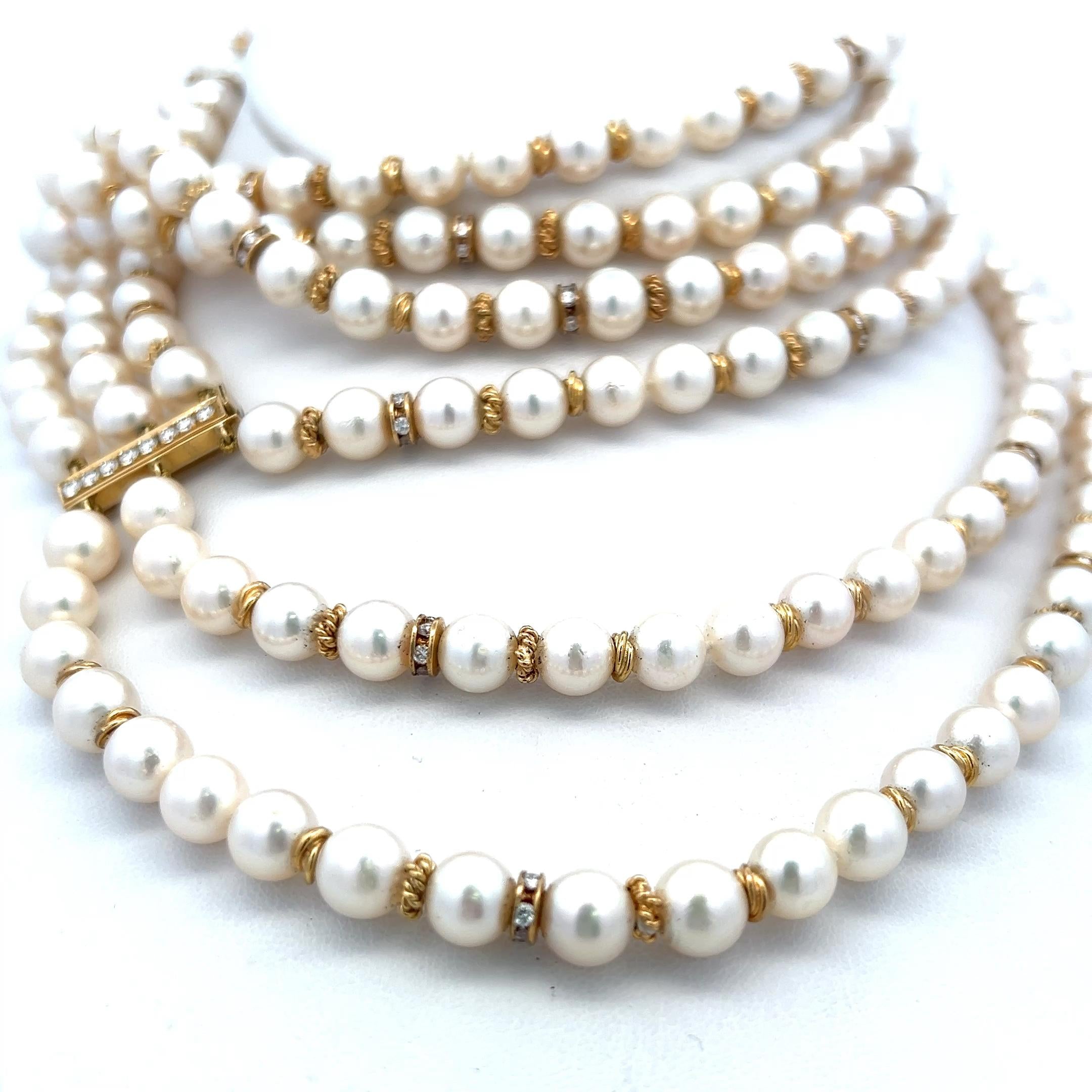 2.50 Carat Diamond & Pearl Bead Necklace in 18K Yellow Gold Vintage Estate