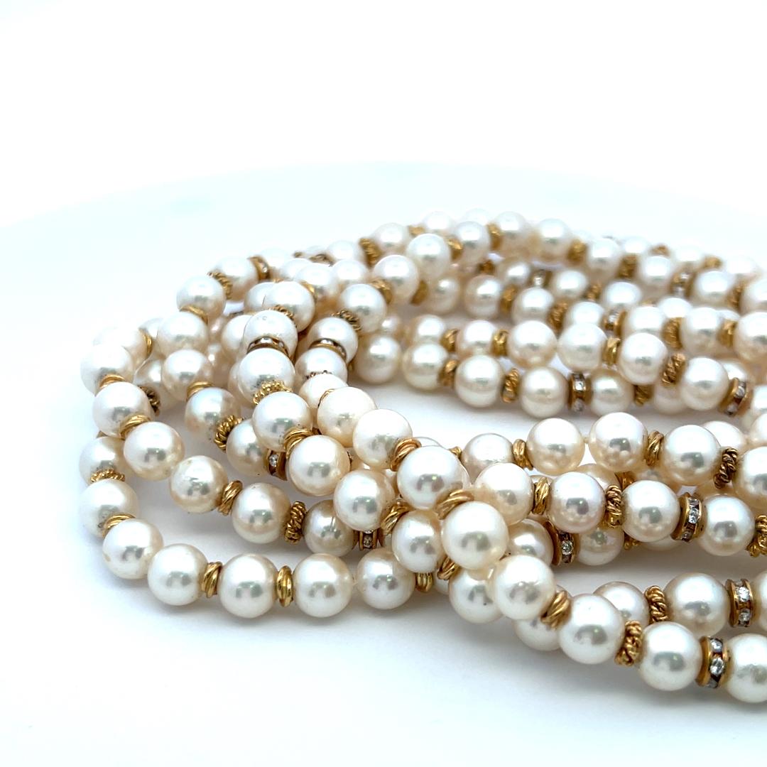 2.50 Carat Diamond & Pearl Bead Necklace in 18K Yellow Gold Vintage Estate