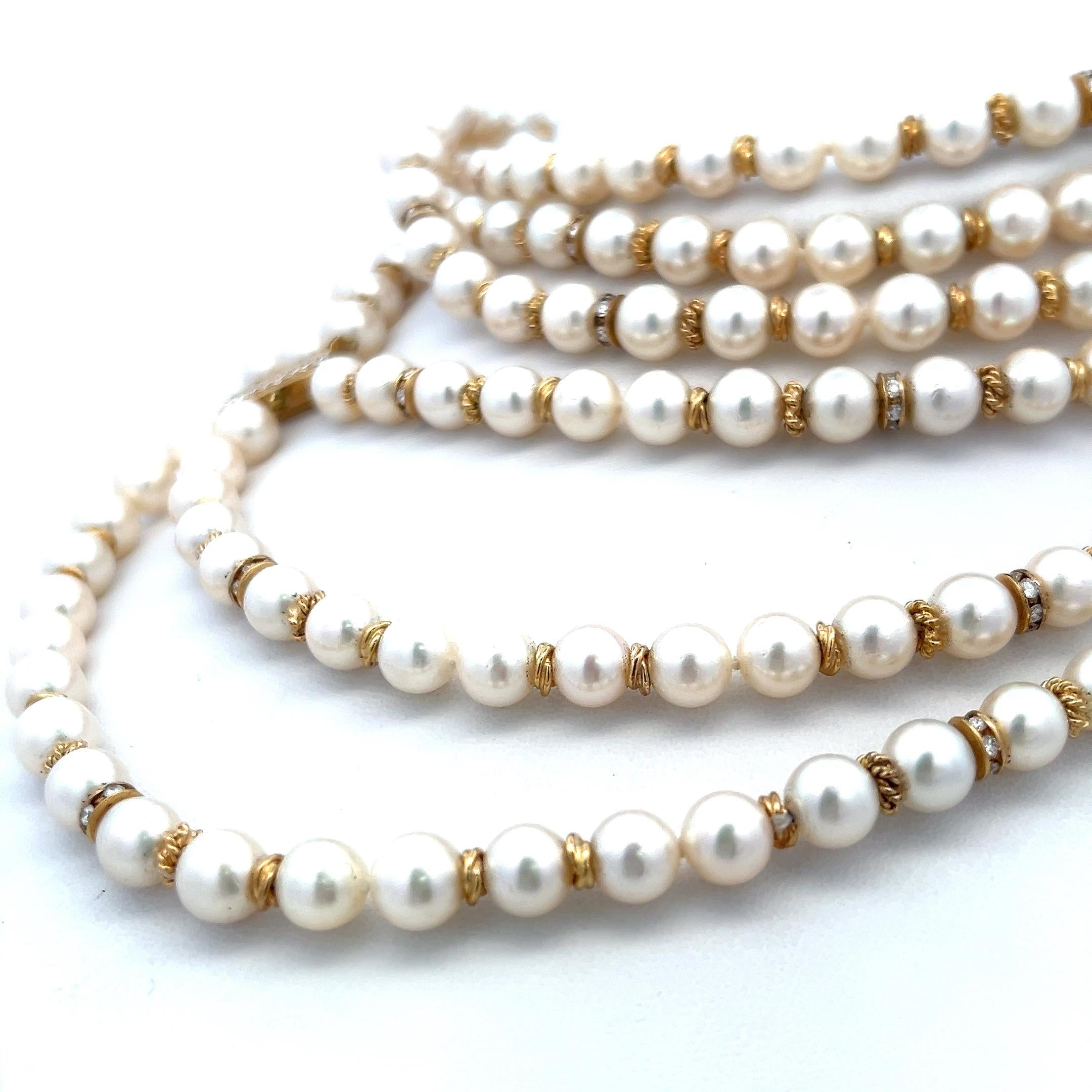 2.50 Carat Diamond & Pearl Bead Necklace in 18K Yellow Gold Vintage Estate