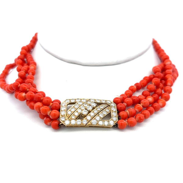 3.34 Carat Round Diamond 4-4.50 MM Coral 14 Karat Yellow Gold Choker Necklace