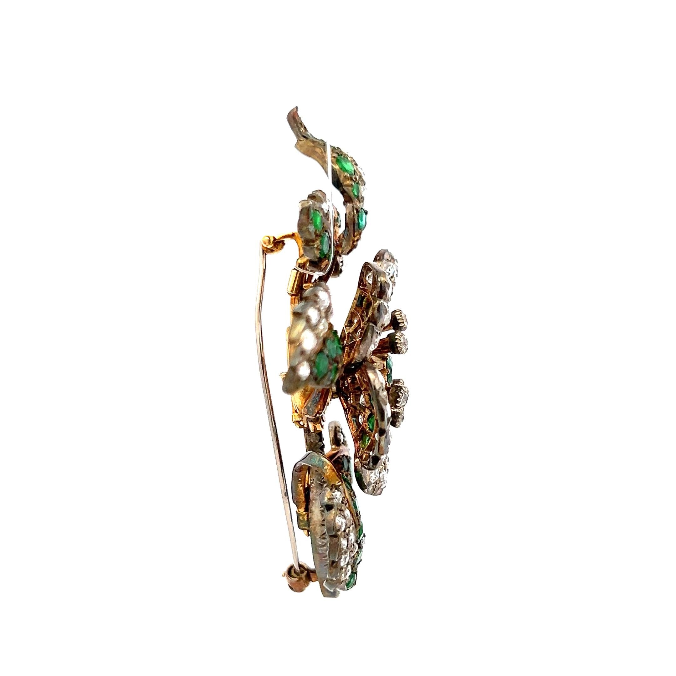 3.72ct Old European Cut Diamond & 2.45ct Emerald Brooch in 18K White Gold/Silver