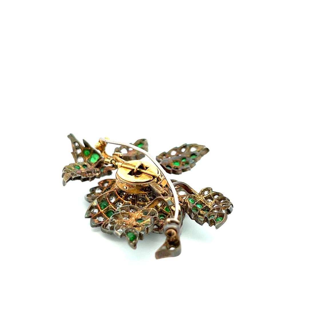 3.72ct Old European Cut Diamond & 2.45ct Emerald Brooch in 18K White Gold/Silver
