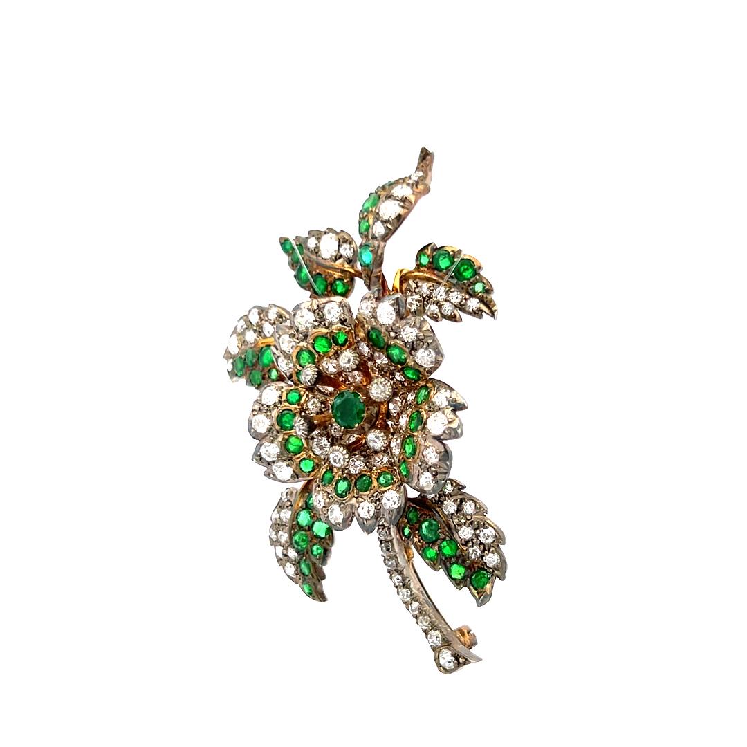 3.72ct Old European Cut Diamond & 2.45ct Emerald Brooch in 18K White Gold/Silver