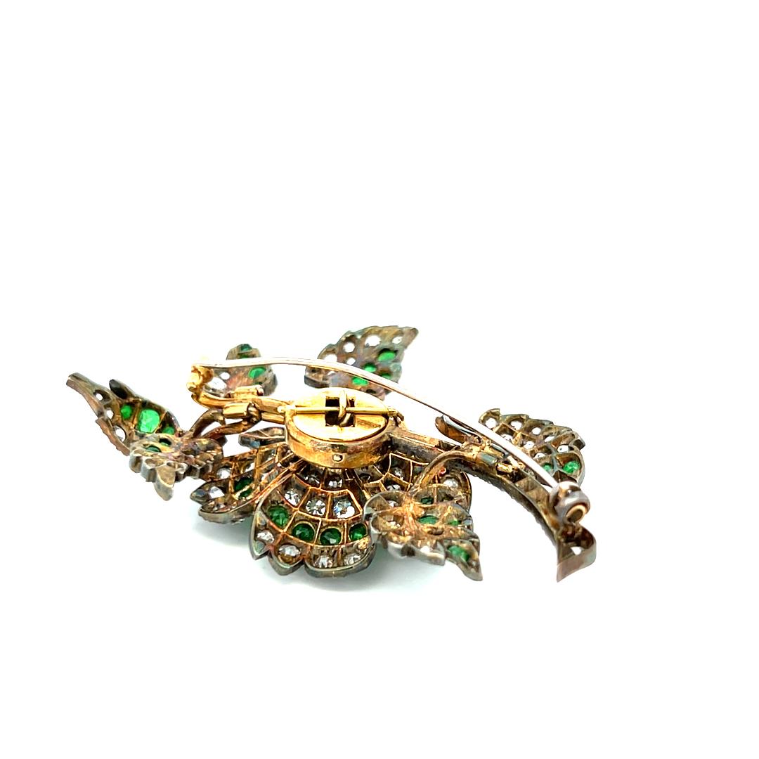 3.72ct Old European Cut Diamond & 2.45ct Emerald Brooch in 18K White Gold/Silver