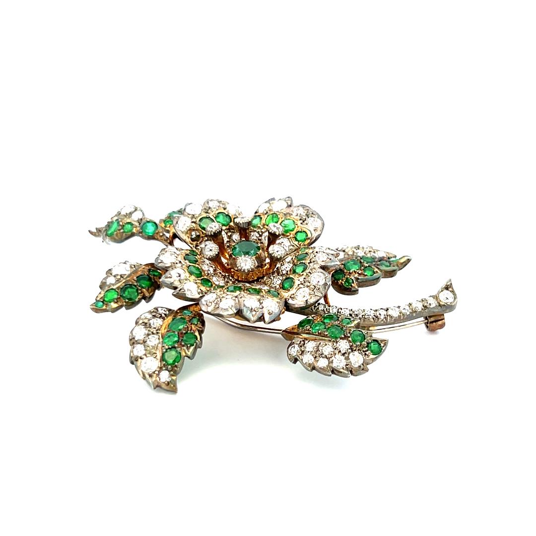 3.72ct Old European Cut Diamond & 2.45ct Emerald Brooch in 18K White Gold/Silver