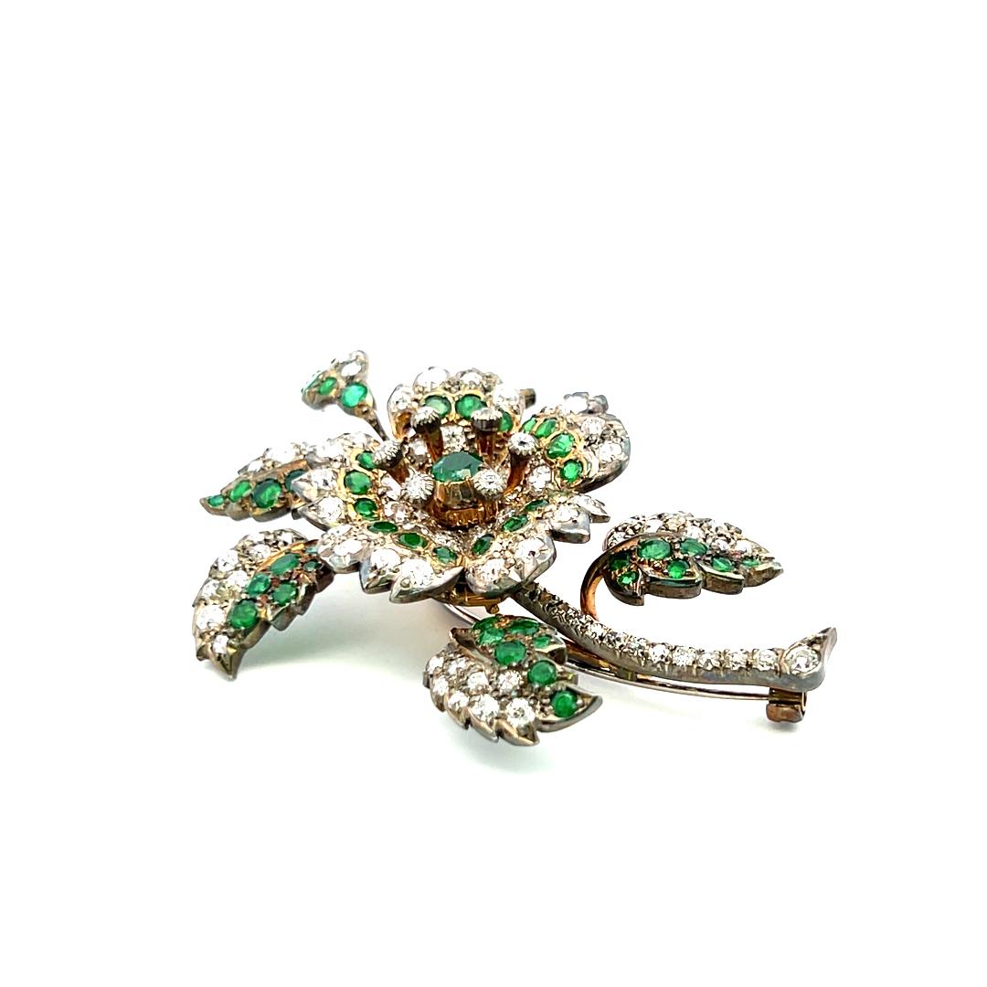 3.72ct Old European Cut Diamond & 2.45ct Emerald Brooch in 18K White Gold/Silver