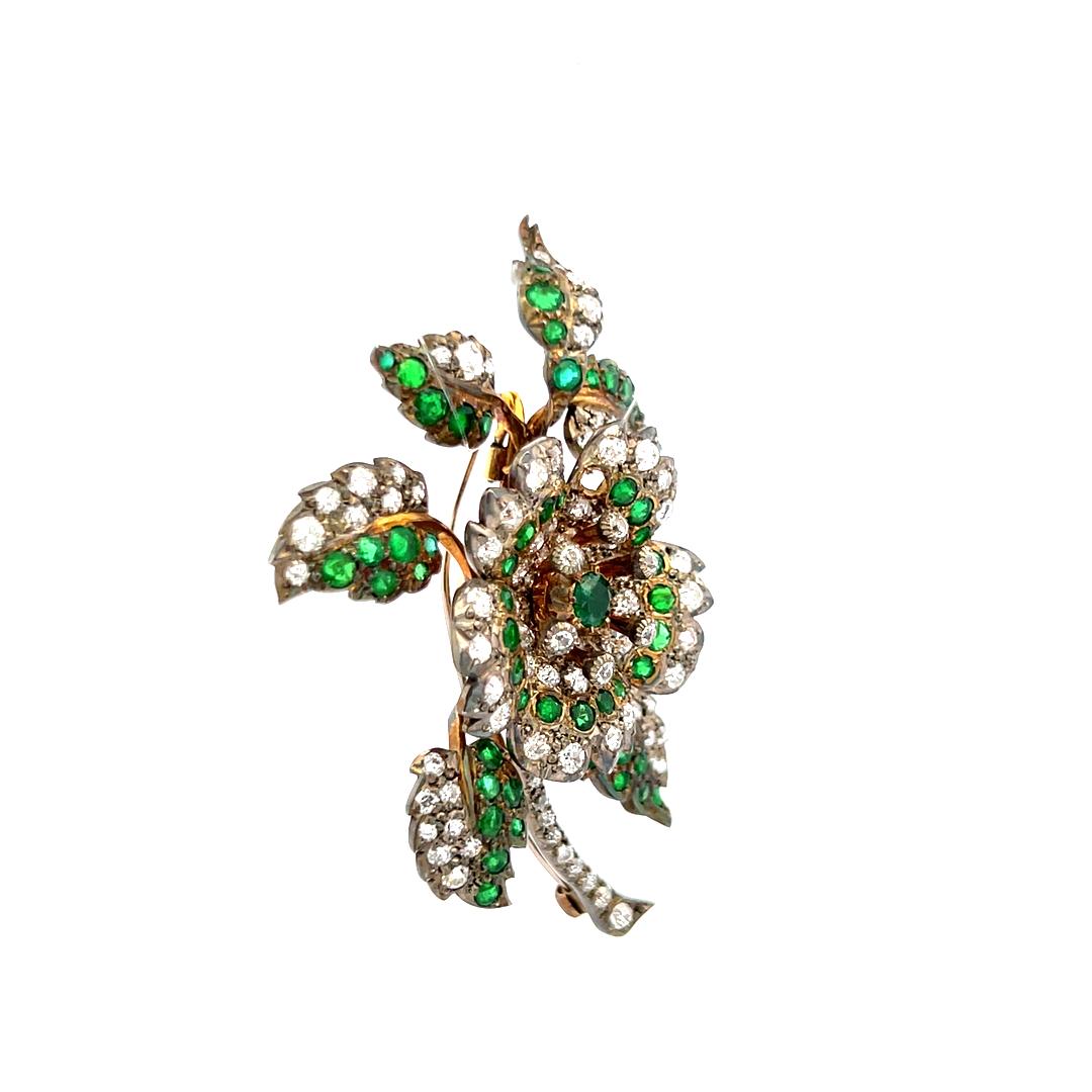 3.72ct Old European Cut Diamond & 2.45ct Emerald Brooch in 18K White Gold/Silver