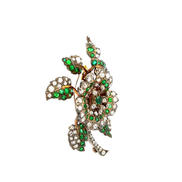 3.72ct Old European Cut Diamond & 2.45ct Emerald Brooch in 18K White Gold/Silver
