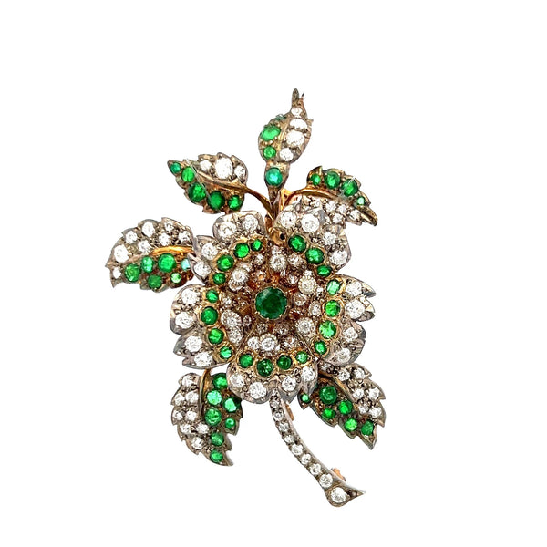 3.72ct Old European Cut Diamond & 2.45ct Emerald Brooch in 18K White Gold/Silver
